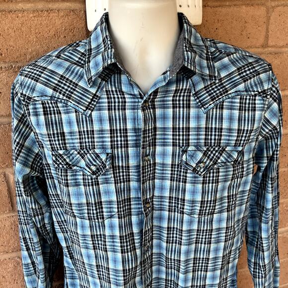 Moonshine Spirit Blue Plaid Western Slim Fit Shirt Pearl Snap Button Mens S - Picture 2 of 10
